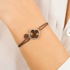 BRACELET VICTORIA DIAMANT CORDON TAUPE QUARTZ FUME OR ROSE