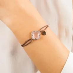 BRACELET VICTORIA DIAMANT CORDON TAUPE QUARTZ ROSE MILKY OR ROSE
