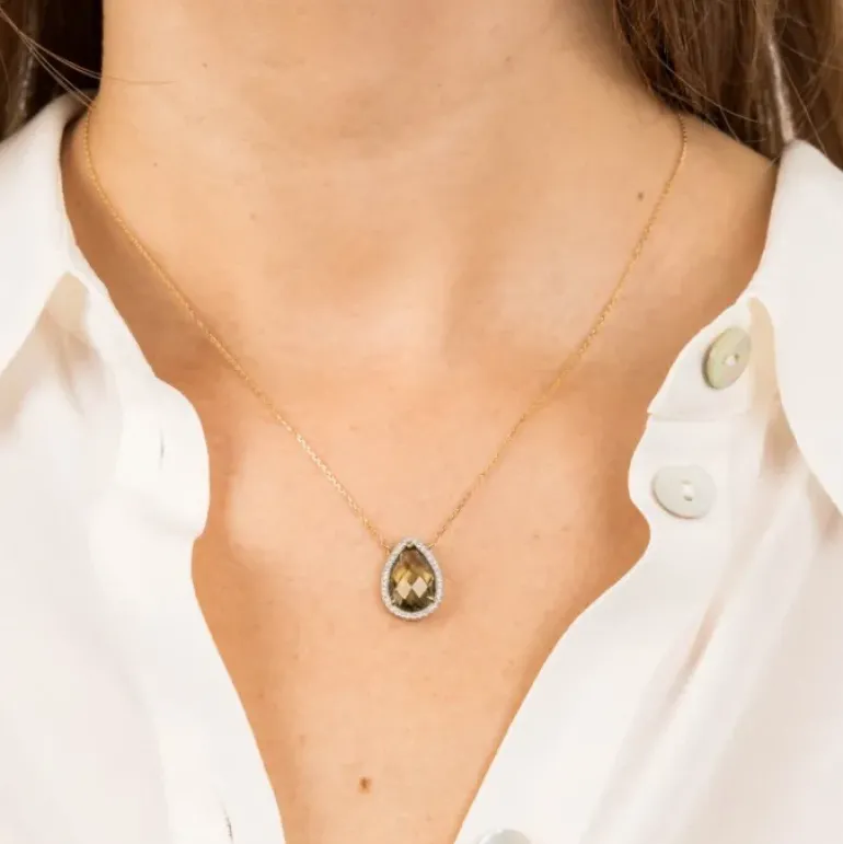 COLLIER ALMA QUARTZ OLIVE ET DIAMANTS OR JAUNE