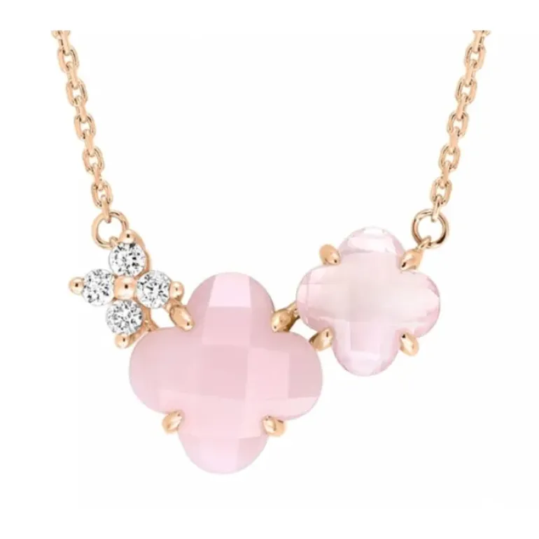 COLLIER BOUQUET OPALE ET QUARTZ ROSE + DIAMANTS OR ROSE