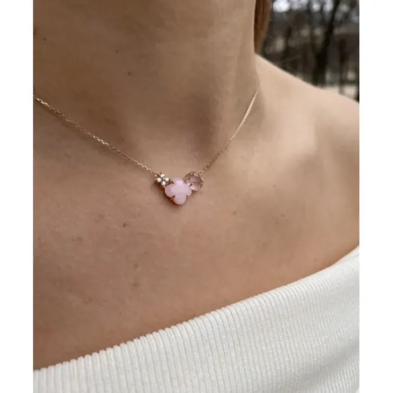 COLLIER BOUQUET OPALE ET QUARTZ ROSE + DIAMANTS OR ROSE