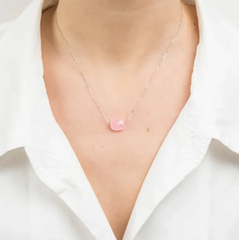 COLLIER OR BLANC COUSSIN QUARTZ ROSE POUDRE