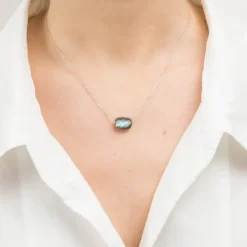 COLLIER OR BLANC COUSSIN LABRADORITE