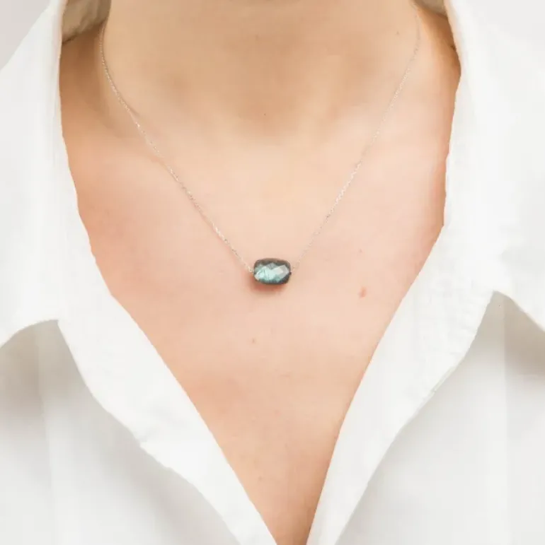 COLLIER OR BLANC COUSSIN LABRADORITE