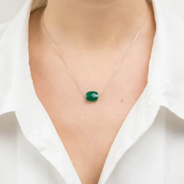 COLLIER OR BLANC COUSSIN AGATE VERTE