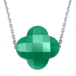COLLIER OR BLANC TREFLE AGATE VERTE