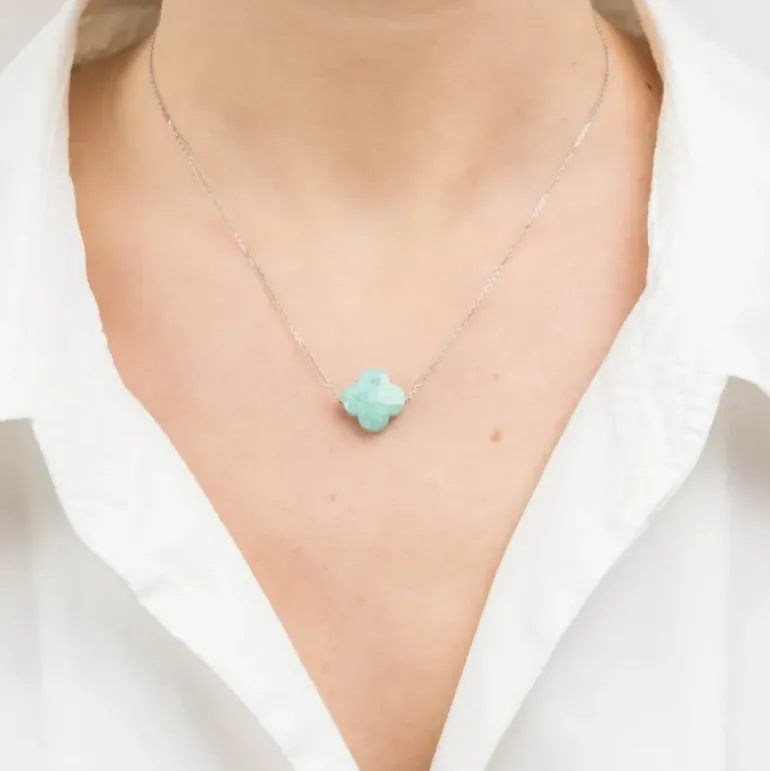 COLLIER OR BLANC TREFLE AMAZONITE