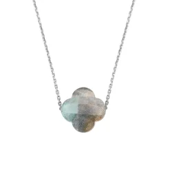 COLLIER OR BLANC TREFLE LABRADORITE