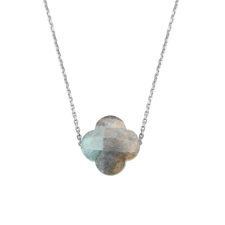 COLLIER OR BLANC TREFLE LABRADORITE