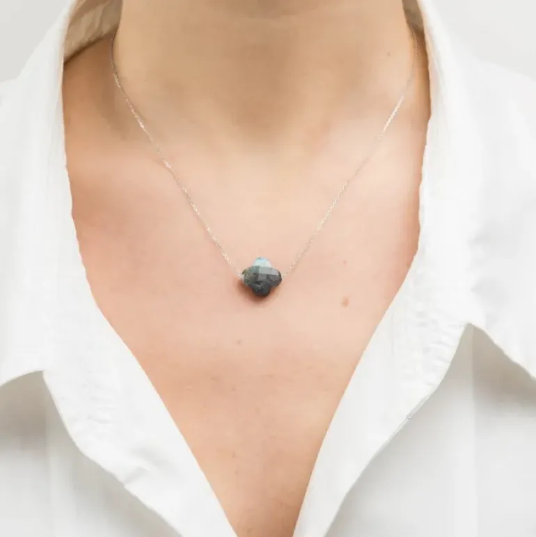 COLLIER OR BLANC TREFLE LABRADORITE