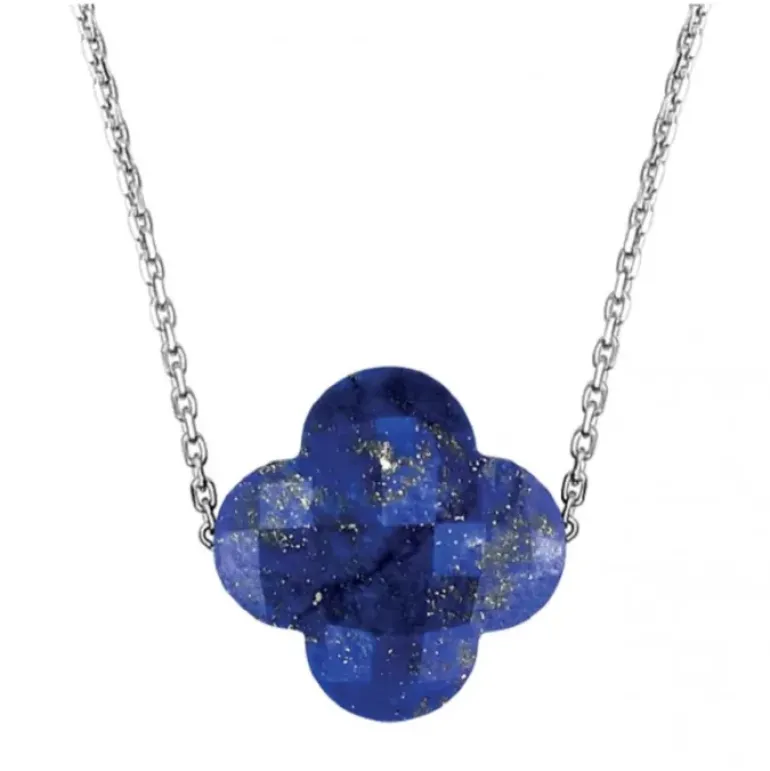 COLLIER OR BLANC TREFLE LAPIS LAZULI