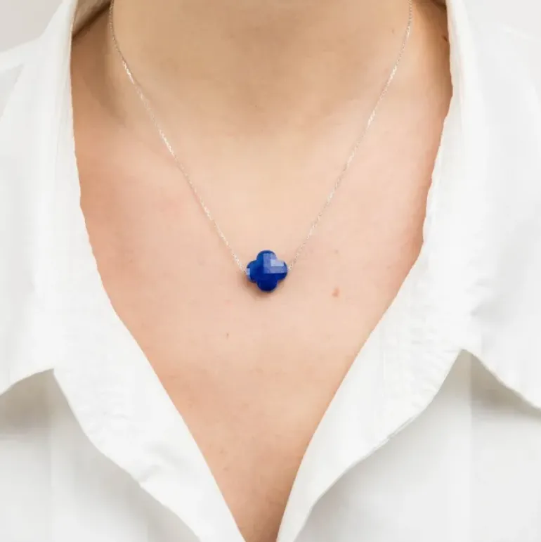 COLLIER OR BLANC TREFLE LAPIS LAZULI