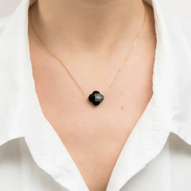 COLLIER OR BLANC TREFLE ONYX