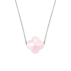COLLIER OR BLANC TREFLE QUARTZ ROSE POUDRE