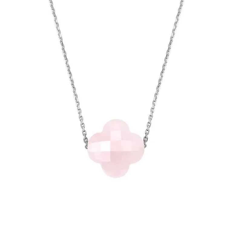 COLLIER OR BLANC TREFLE QUARTZ ROSE POUDRE