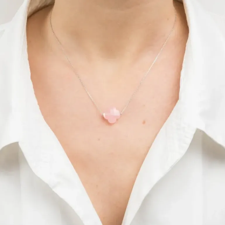 COLLIER OR BLANC TREFLE QUARTZ ROSE POUDRE