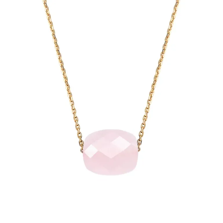 COLLIER OR JAUNE COUSSIN QUARTZ ROSE POUDRE