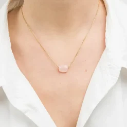 COLLIER OR JAUNE COUSSIN QUARTZ ROSE POUDRE