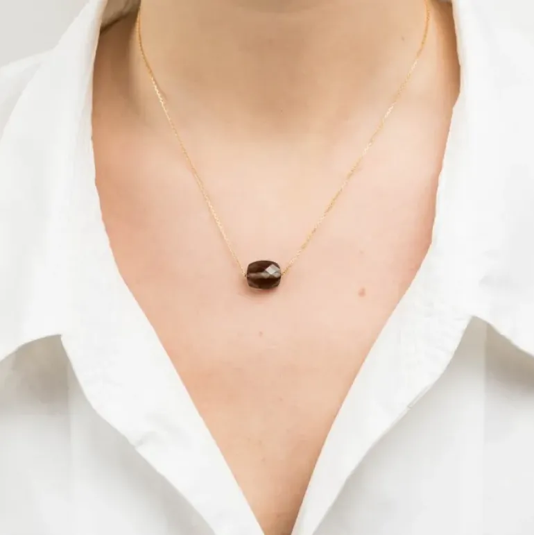 COLLIER OR JAUNE COUSSIN QUARTZ FUME