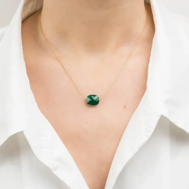 COLLIER OR JAUNE COUSSIN AGATE VERTE