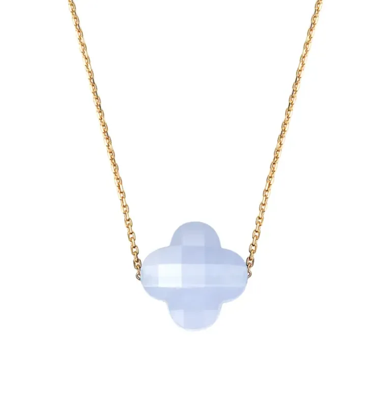 COLLIER OR JAUNE TREFLE AGATE BLEUE DENTELLE