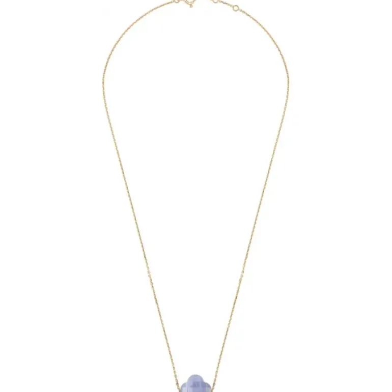 COLLIER OR JAUNE TREFLE AGATE BLEUE DENTELLE