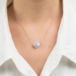 COLLIER OR JAUNE TREFLE AGATE BLEUE DENTELLE