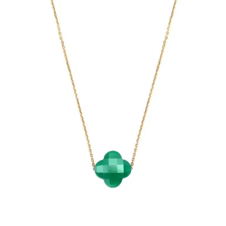COLLIER OR JAUNE TREFLE AGATE VERTE