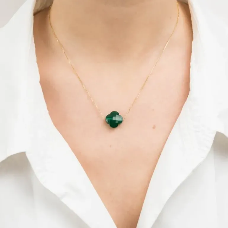 COLLIER OR JAUNE TREFLE AGATE VERTE