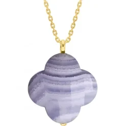 COLLIER OR JAUNE TREFLE AGATE BLEUE DENTELLE PENDANTE (44 cm)