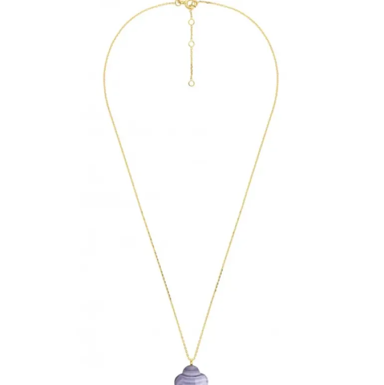 COLLIER OR JAUNE TREFLE AGATE BLEUE DENTELLE PENDANTE (44 cm)