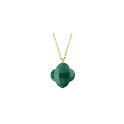 COLLIER OR JAUNE TREFLE AGATE VERTE PENDANTE (44 cm)