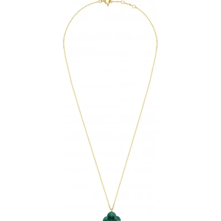 COLLIER OR JAUNE TREFLE AGATE VERTE PENDANTE (44 cm)
