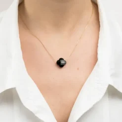 COLLIER OR JAUNE TREFLE ONYX