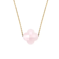 COLLIER OR JAUNE TREFLE QUARTZ ROSE POUDRÉ