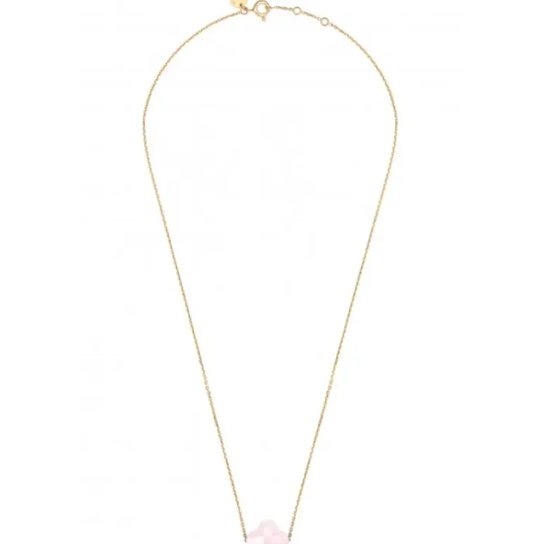 COLLIER OR JAUNE TREFLE QUARTZ ROSE POUDRÉ