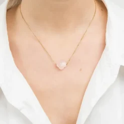 COLLIER OR JAUNE TREFLE QUARTZ ROSE POUDRÉ
