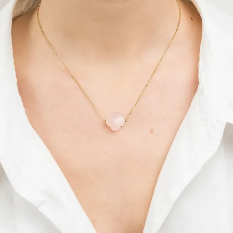 COLLIER OR JAUNE TREFLE QUARTZ ROSE POUDRÉ