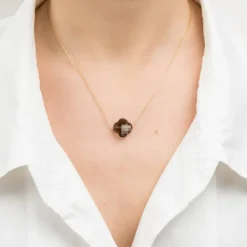 COLLIER OR JAUNE TREFLE QUARTZ FUME