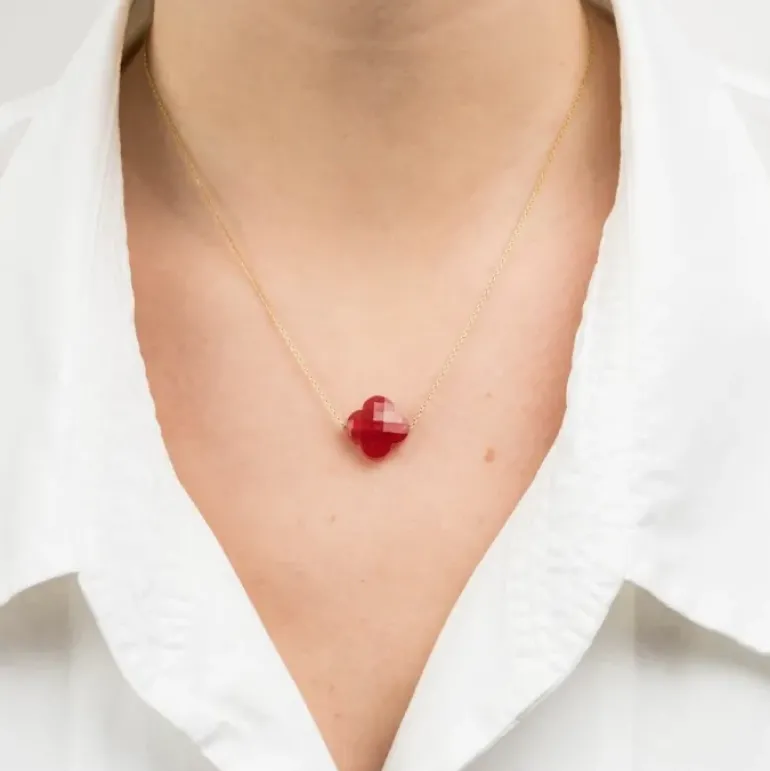 COLLIER OR JAUNE TREFLE QUARTZ ROUGE