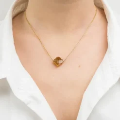 COLLIER OR JAUNE TRÈFLE PIERRE DE SOLEIL DORÉ