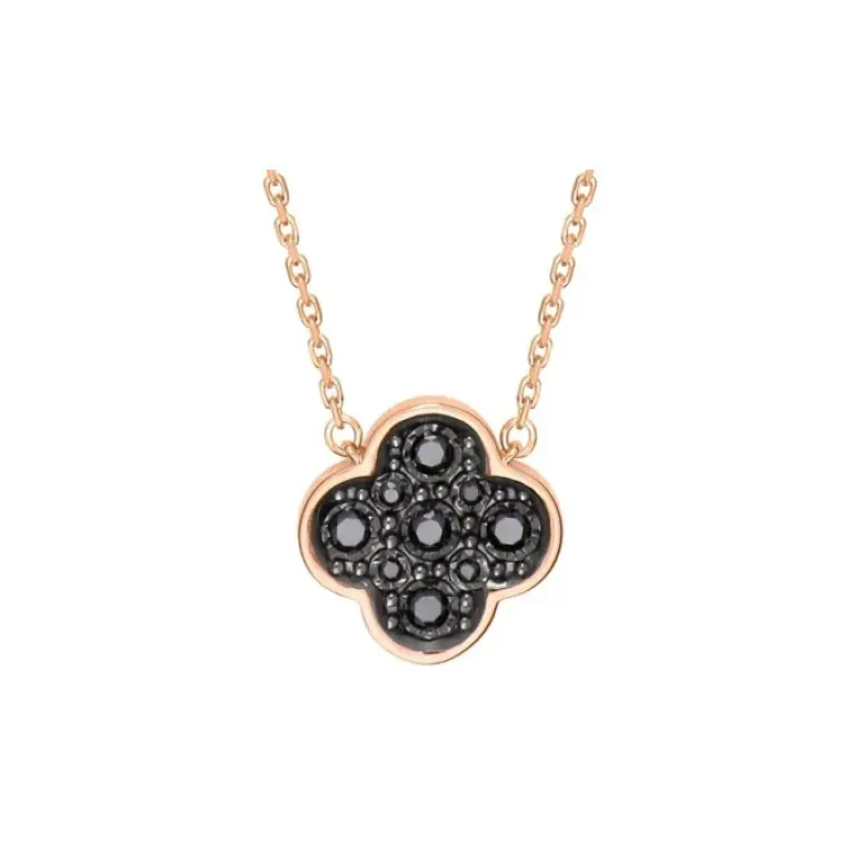 COLLIER OR ROSE TRÈFLE SERTI DIAMANTS NOIRS