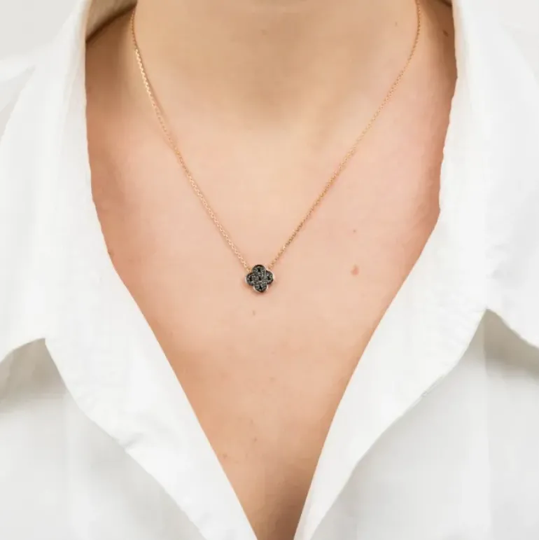 COLLIER OR ROSE TRÈFLE SERTI DIAMANTS NOIRS