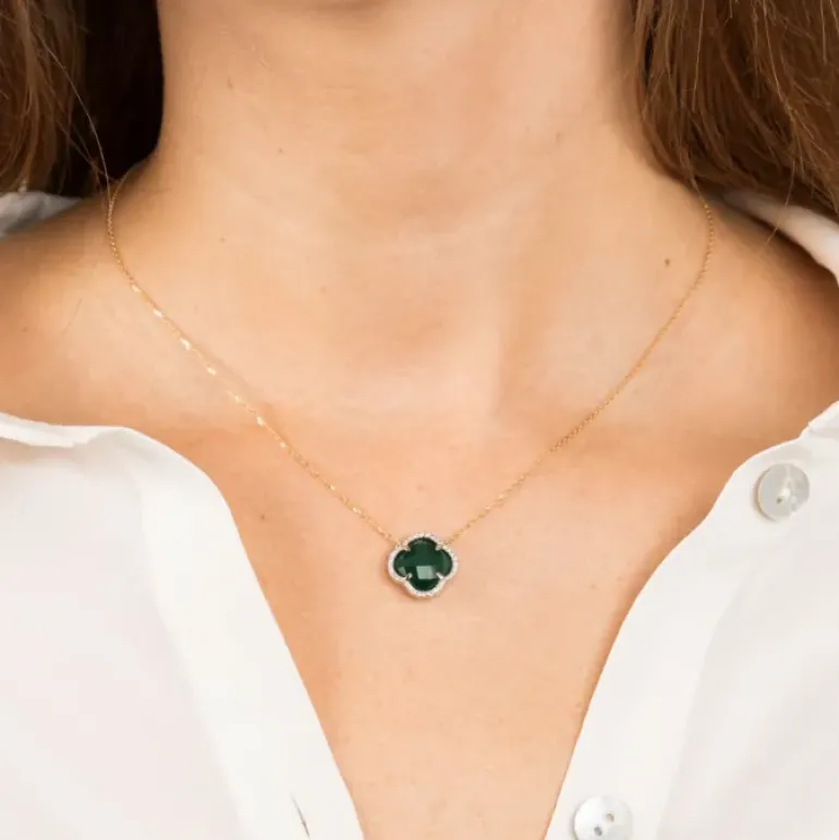 COLLIER VICTORIA DIAMANTS AGATE VERTE + DIAMANTS OR JAUNE