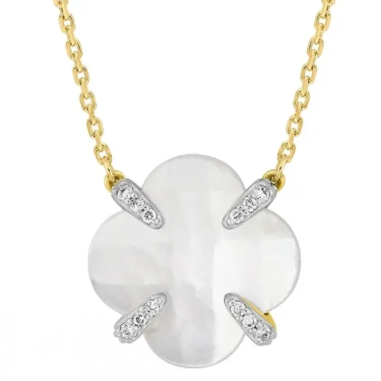 COLLIER VICTORIA LYS NACRE BLANCHE ET DIAMANTS OR JAUNE