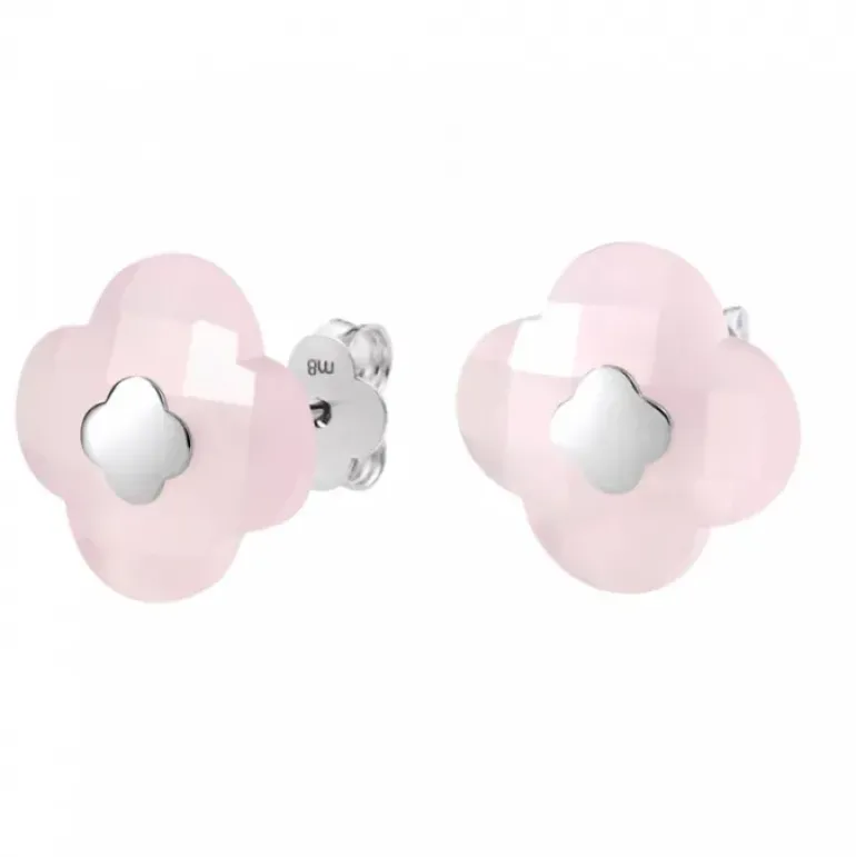 PUCES D'OREILLES OR BLANC QUARTZ ROSE POUDRE