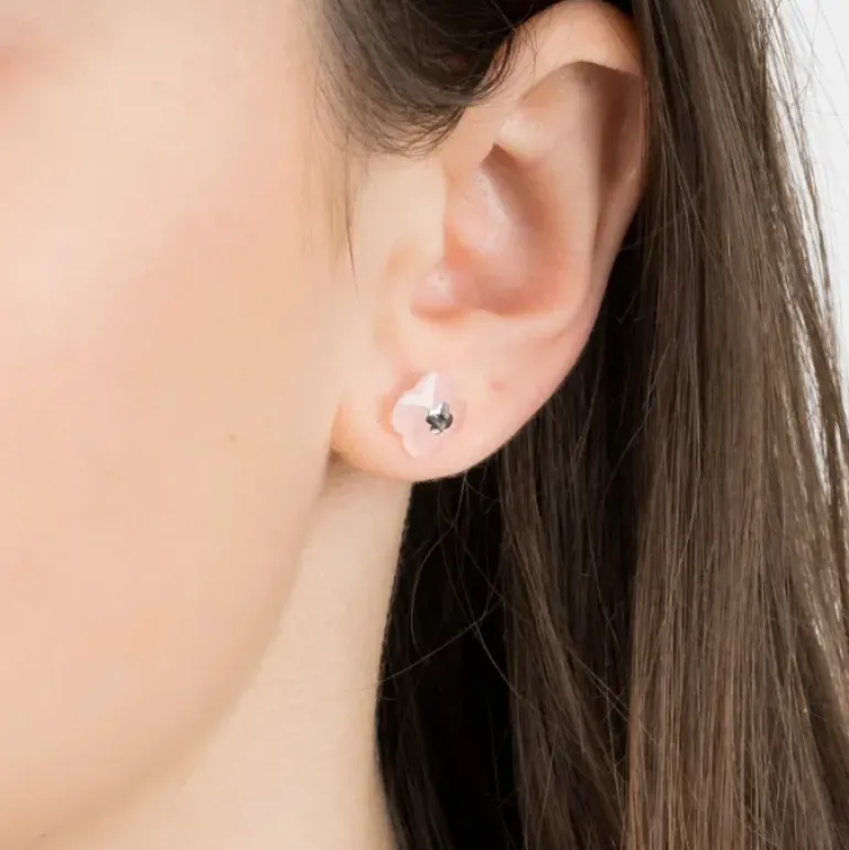PUCES D'OREILLES OR BLANC QUARTZ ROSE POUDRE