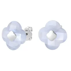 PUCES D'OREILLES OR BLANC AGATE BLEUE DENTELLE