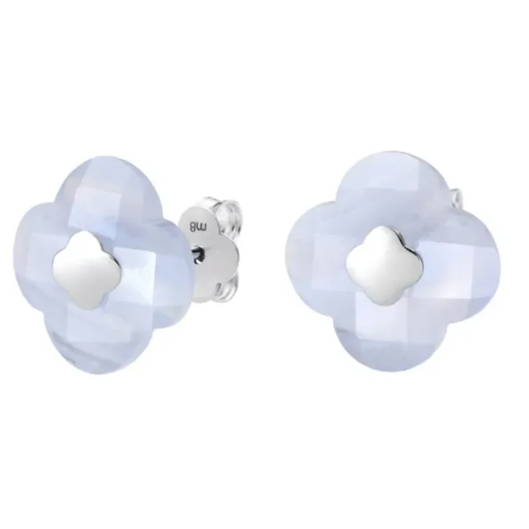 PUCES D'OREILLES OR BLANC AGATE BLEUE DENTELLE