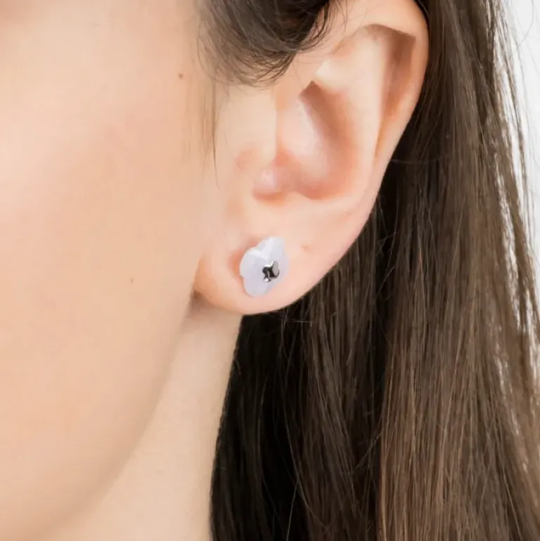 PUCES D'OREILLES OR BLANC AGATE BLEUE DENTELLE